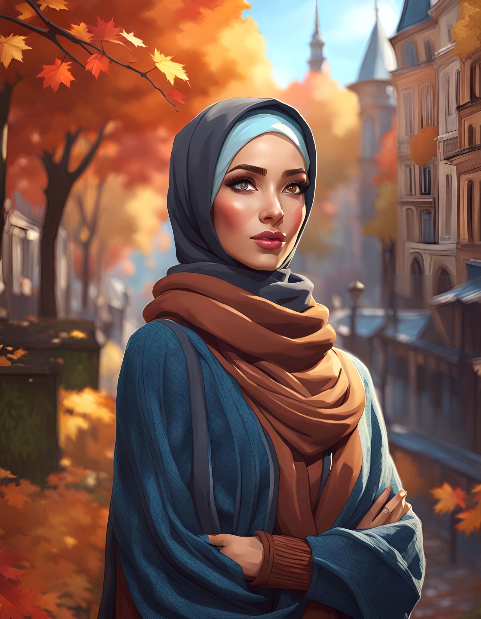 Cozy Hijabi Woman Explores Autumn City