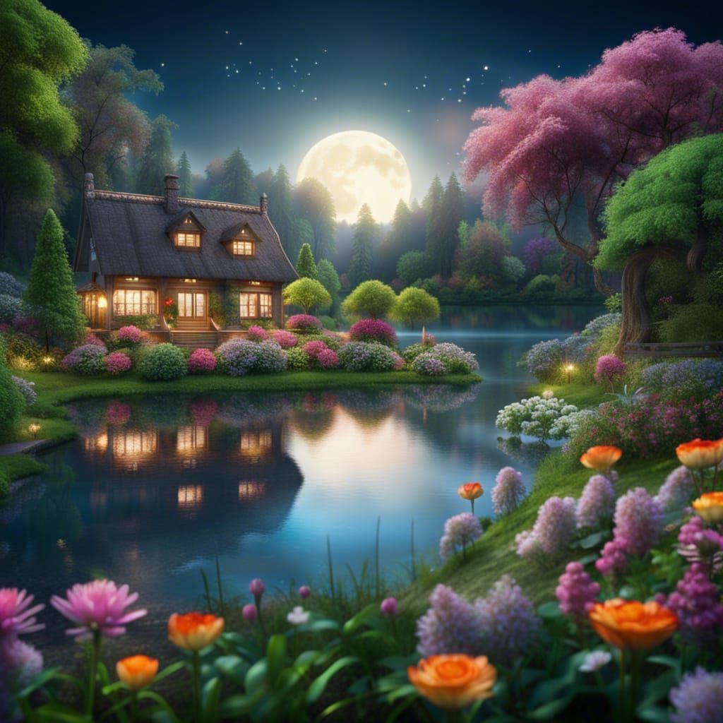 Lush Flower Garden Cottage by Lake in 3D