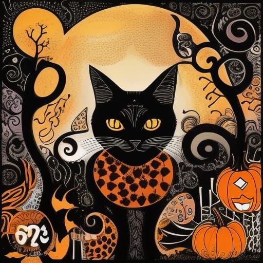 Halloween Black Cats in Abstract Pointillist Fantasy