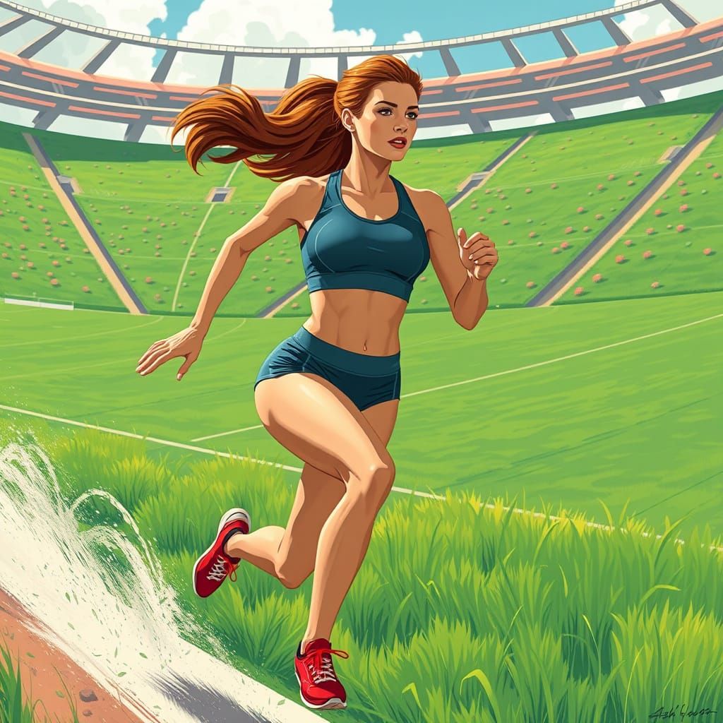 Woman Running in Stadium, Art Nouveau Style