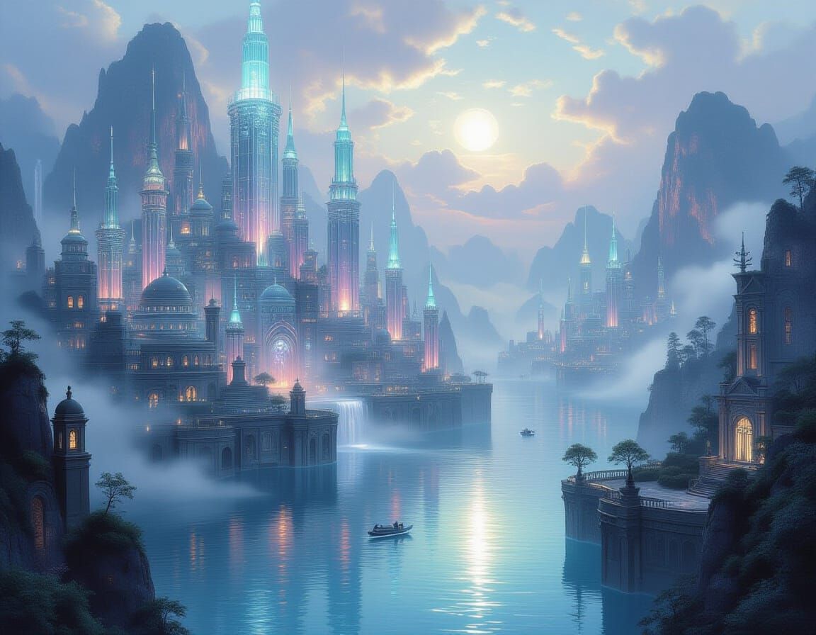 Luminous City in Alien Ocean, Dreamy Fantasy Art