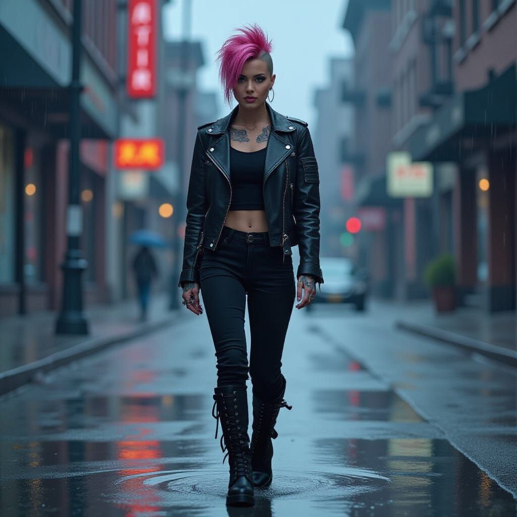 Cyberpunk Woman Walks on Flooded Street