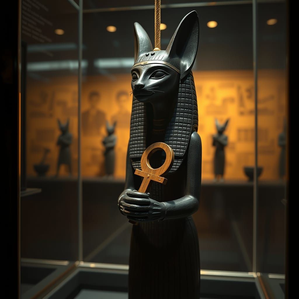 Ancient Egyptian Goddess Bastet in Mystical Museum Setting