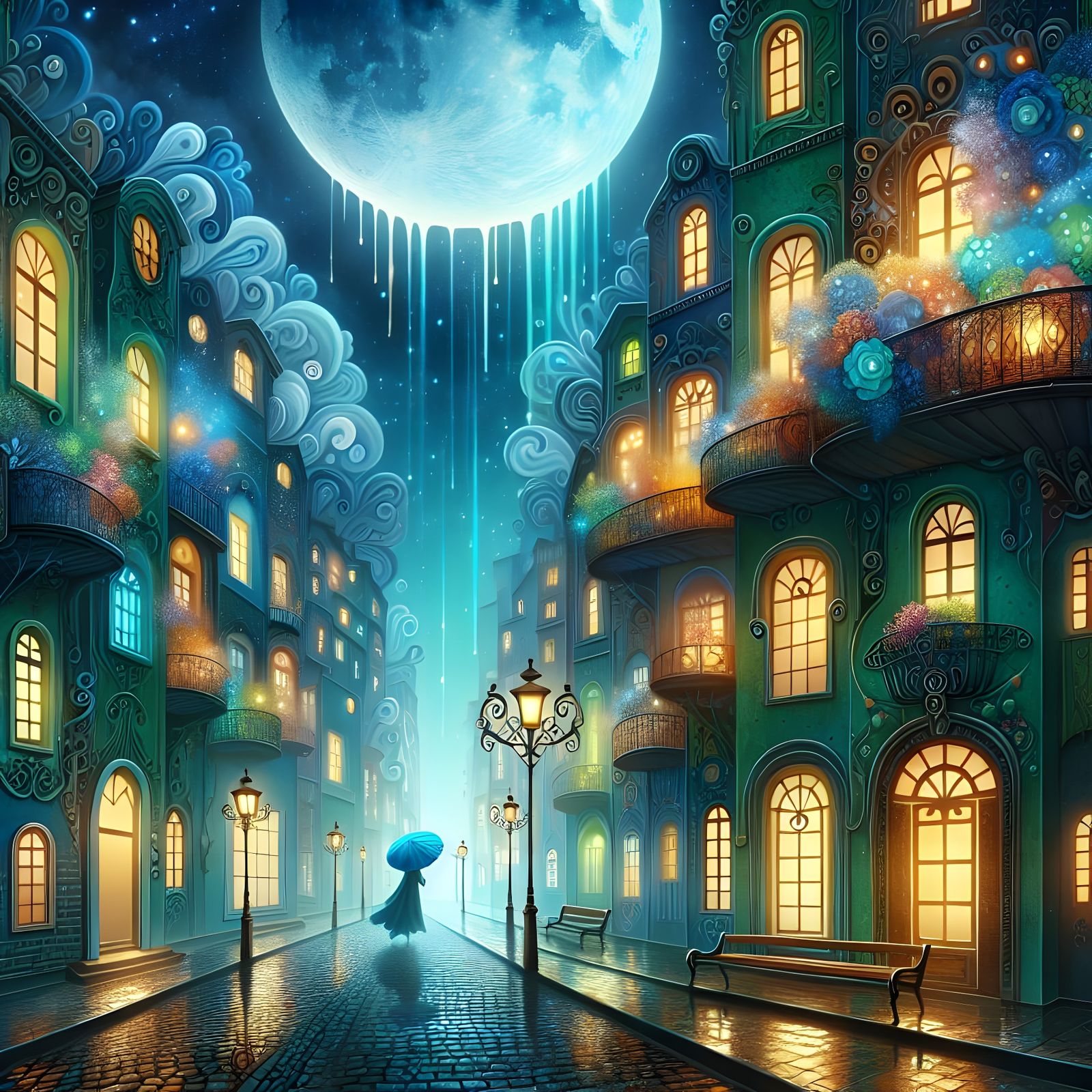 Surreal Moonlit Cityscape in Vibrant Blues and Oranges