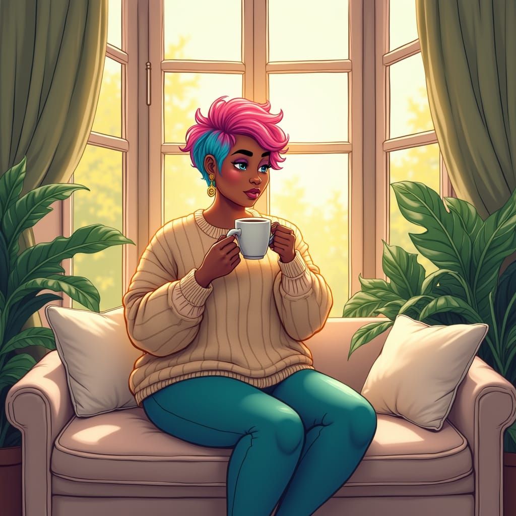 Cozy Coffee Moment in Whimsical Illustration Style