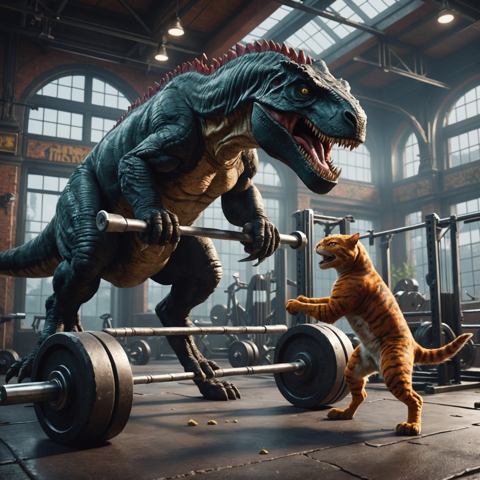 Cat and T-Rex Gym Buddies: Fantasy Art