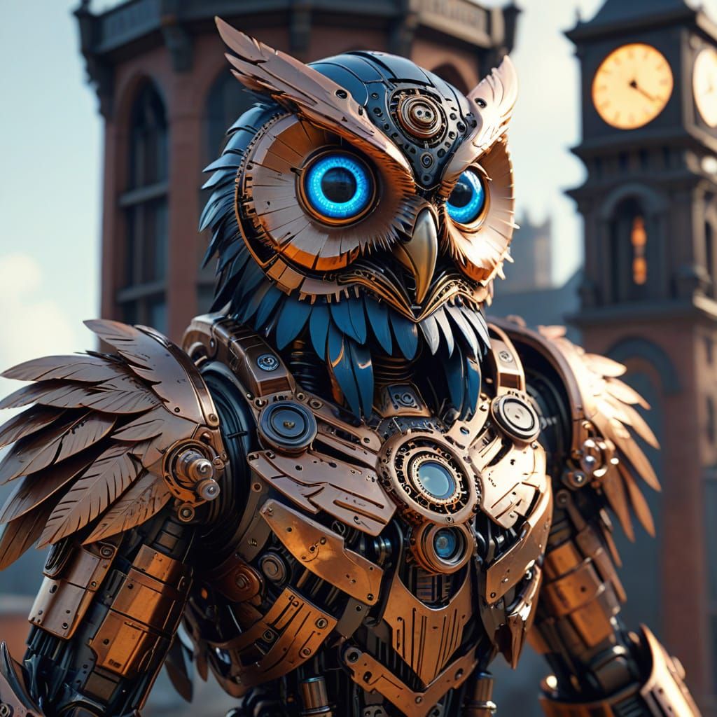 Steampunk Owl on Clock Tower with Copper Feathers
