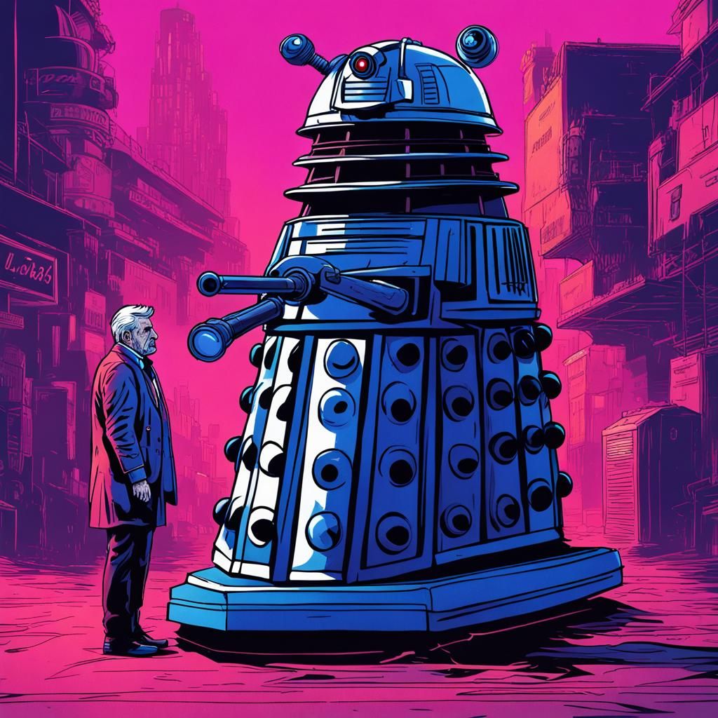 Dr. Who and Pet Dalek in Cyberpunk City