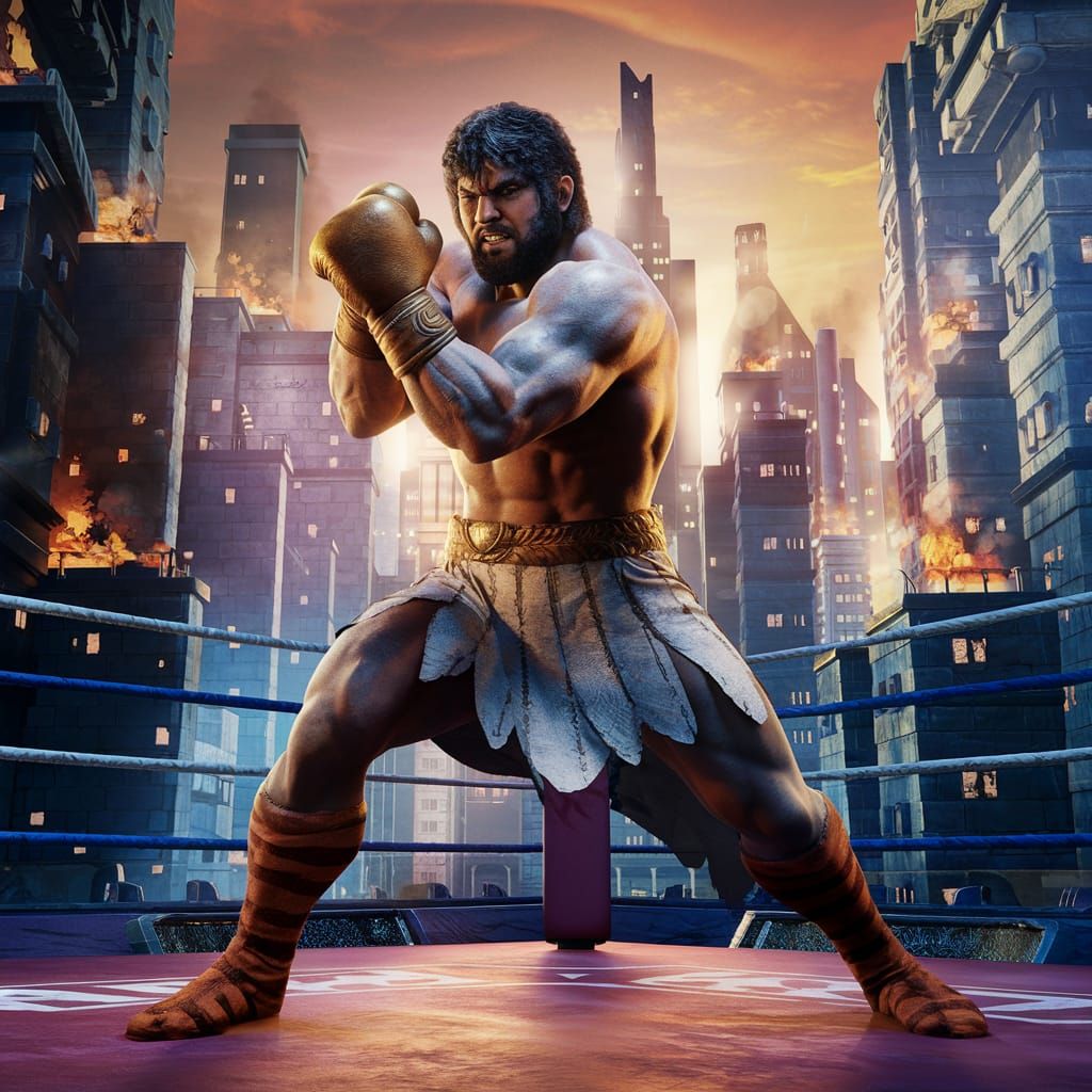 Fantasy Wrestling Match in a Burning Cityscape