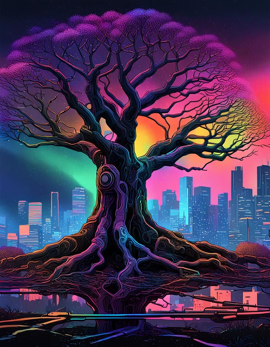 Rainbow Tree in Cyberpunk Neon Landscape