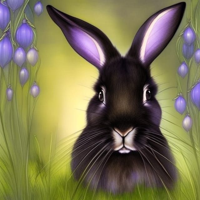 Cute Black Bunny in Enchanted Forest, Digital Art