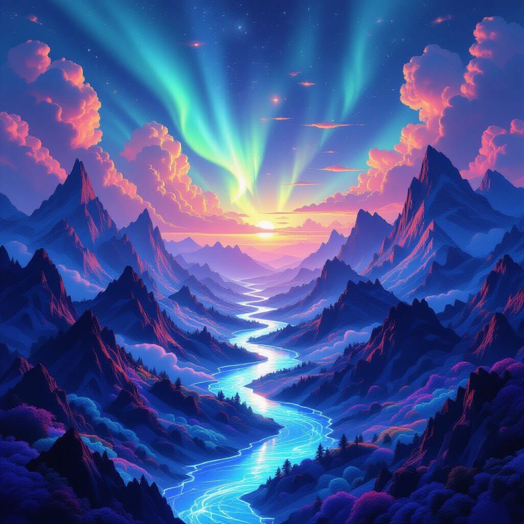 Geometric Aurora Valley with Luminous Rivers