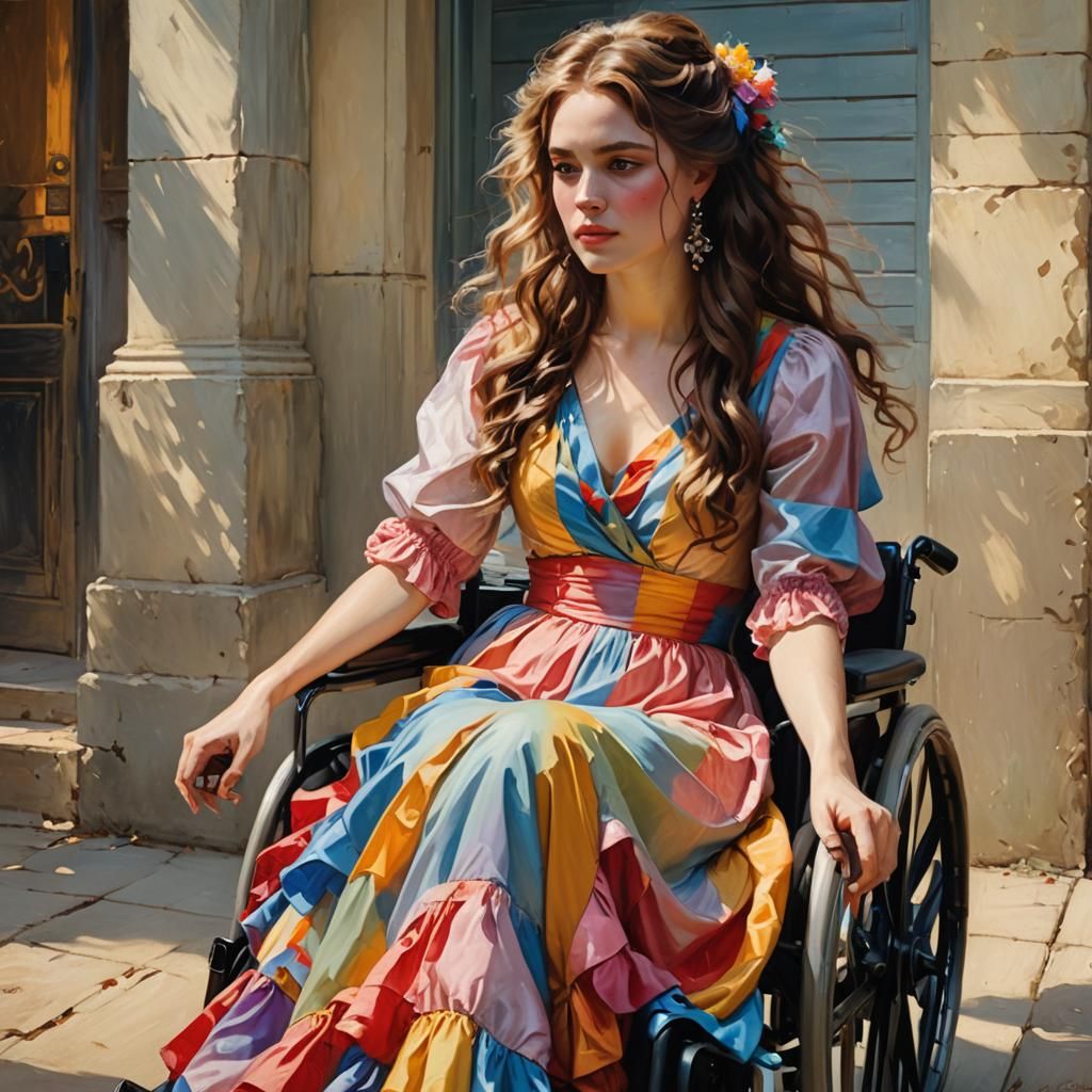 Woman in Wheelchair in Colorful Dress: Oil Painting