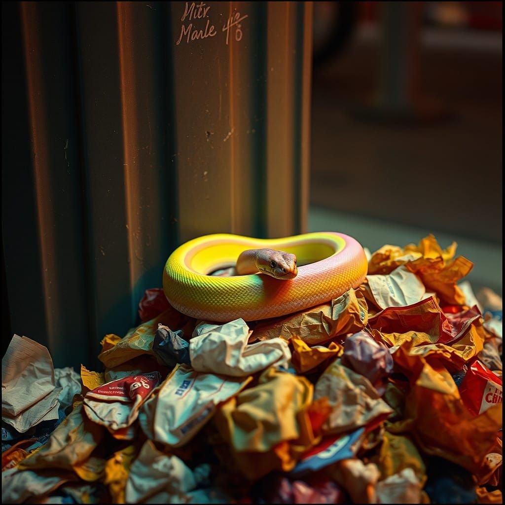 Pastel Rainbow Snake Beside City Garbage Can