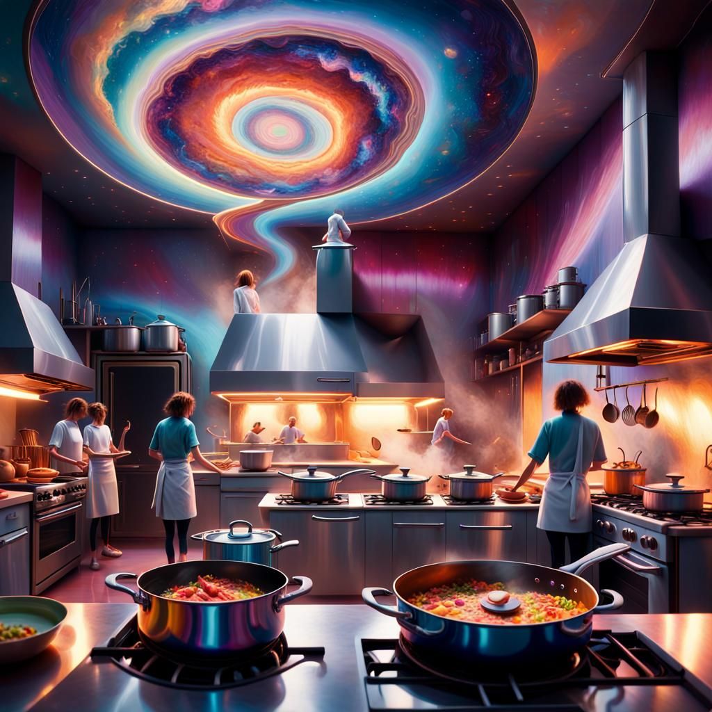 Tiny People Cooking in Gigantic Kitchen, Cosmic Surrealism