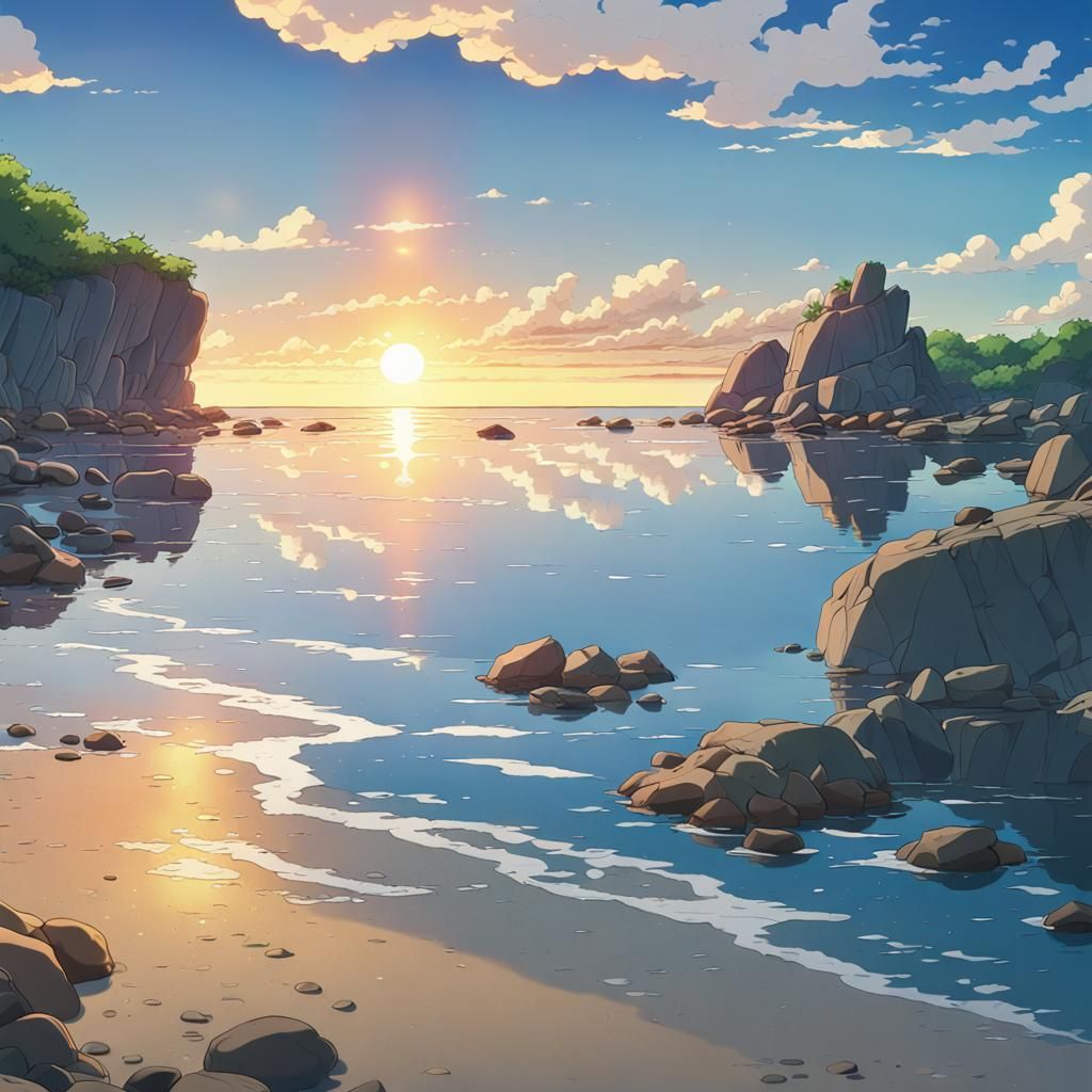 Sunset on Rocky Shoreline in Anime Style