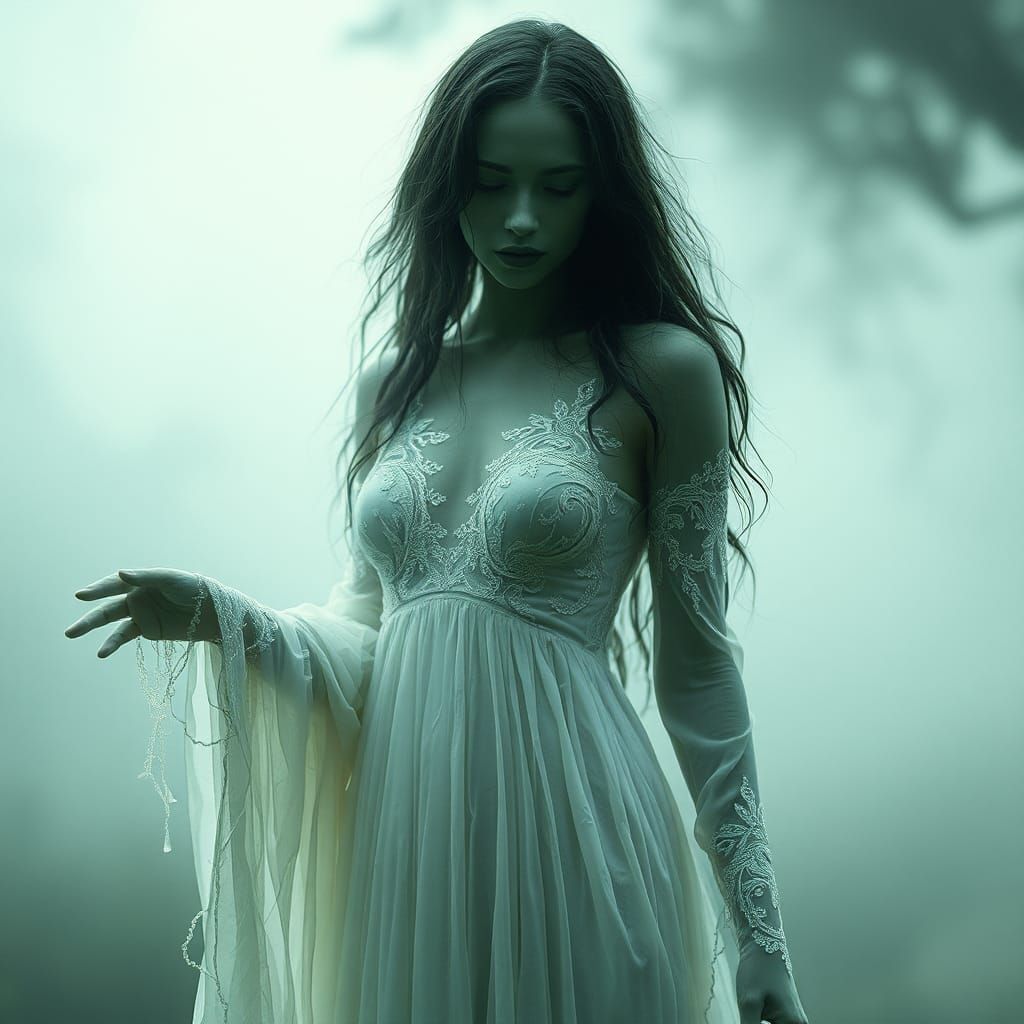 Ethereal Green Ghost Woman in Eerie Mist