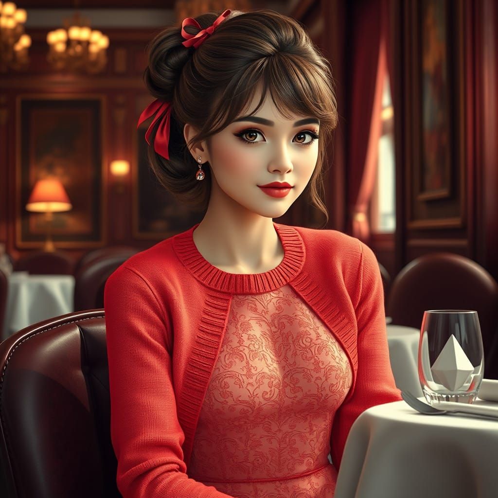 Elegant Woman in Coral Lace Dress with Pulp Art Flourishes