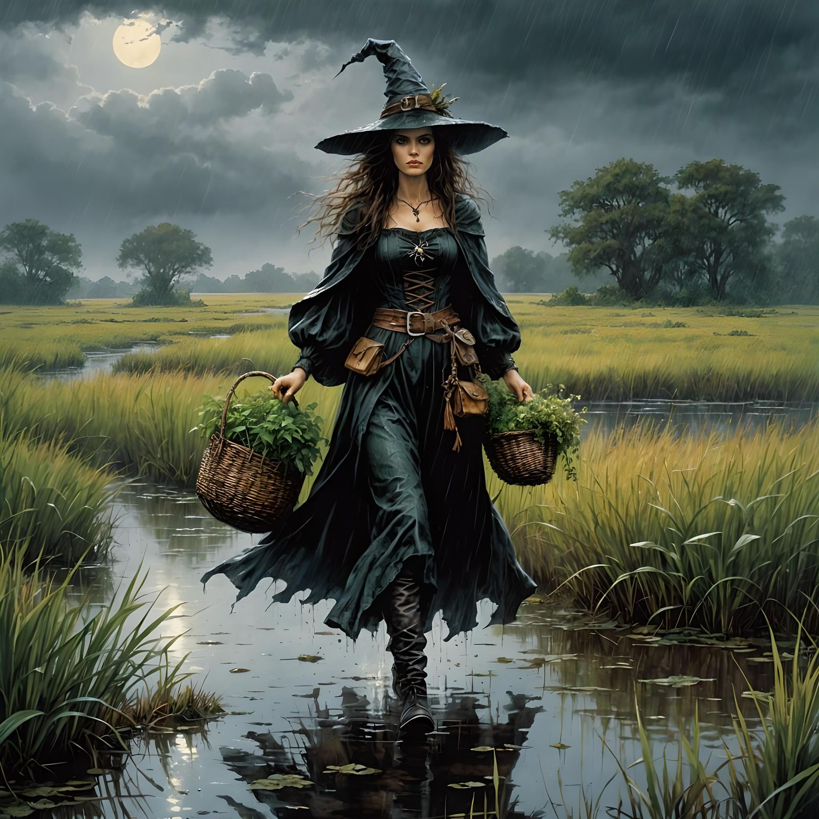 Witch Gathering Herbs in Rainy Marsh, Comic Book Style