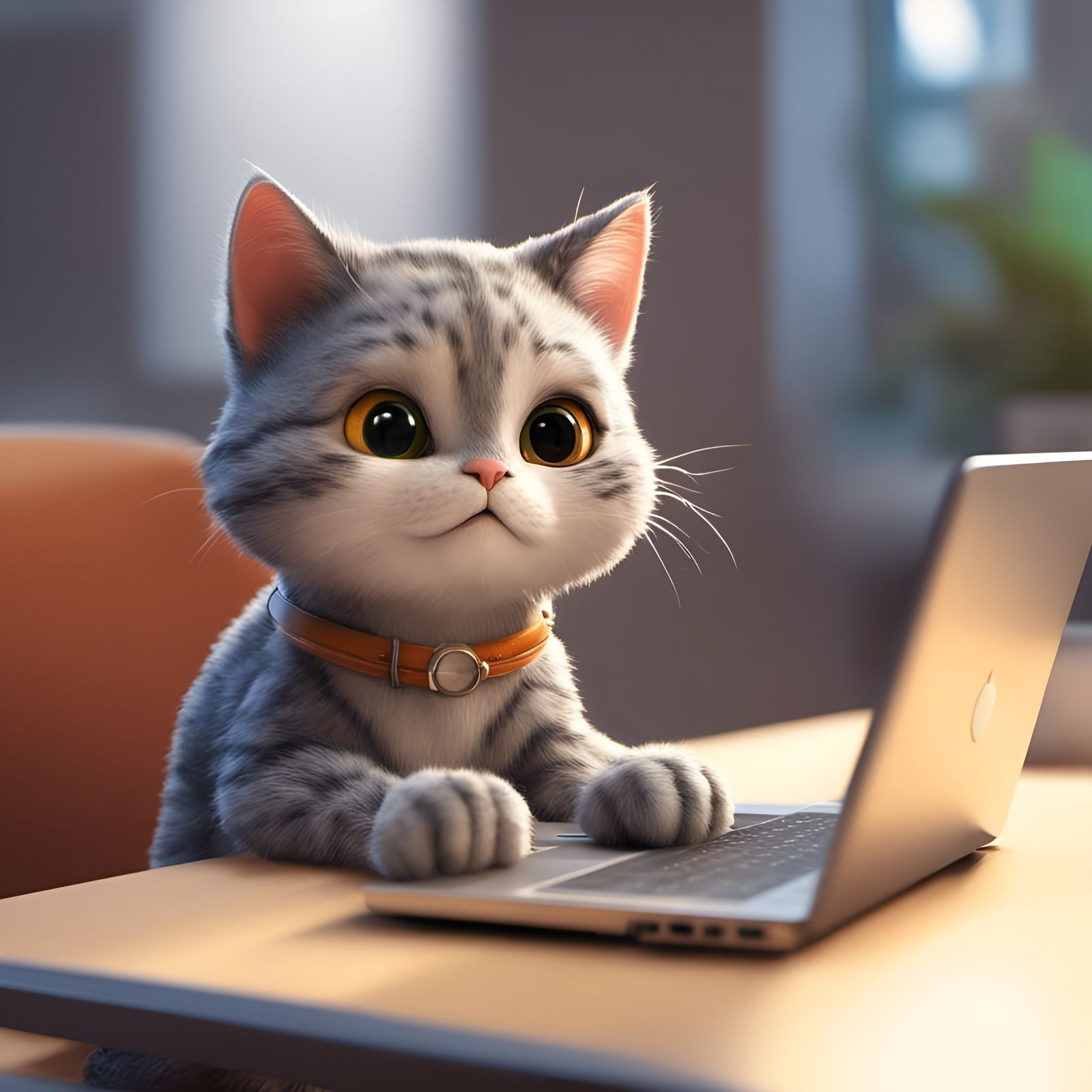 Cute Cat Working on Laptop: 3D Digital Art