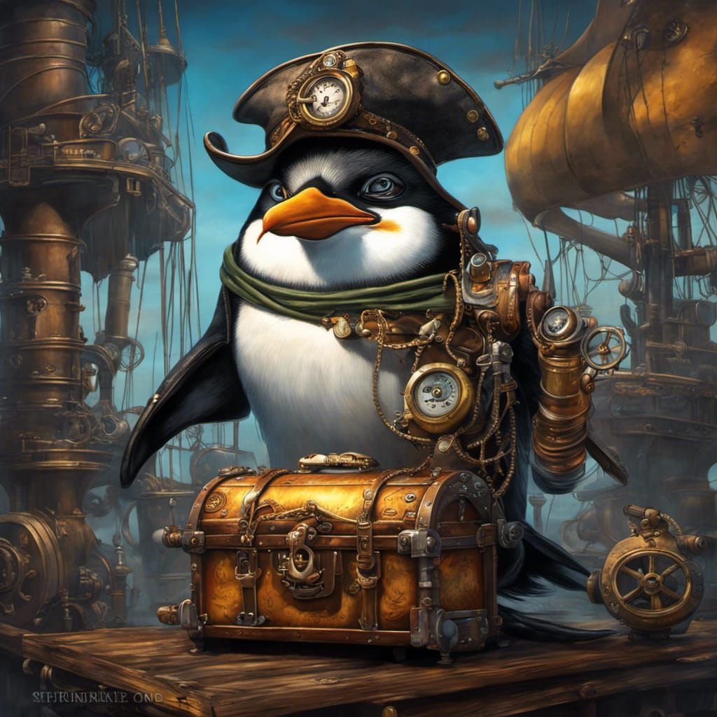 Steampunk Penguin Pirate on Mechanical Ship