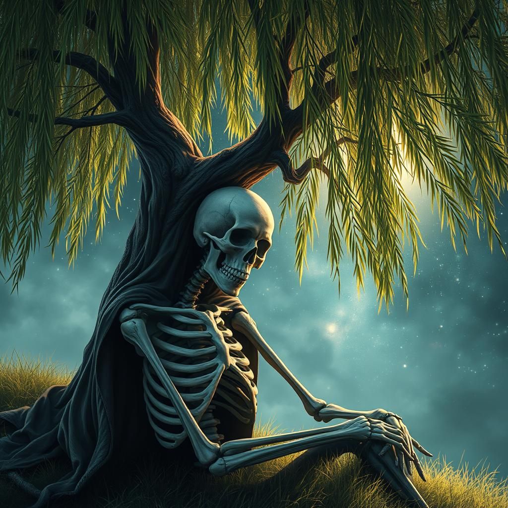 Sad Medieval Skeleton Under Willow Tree