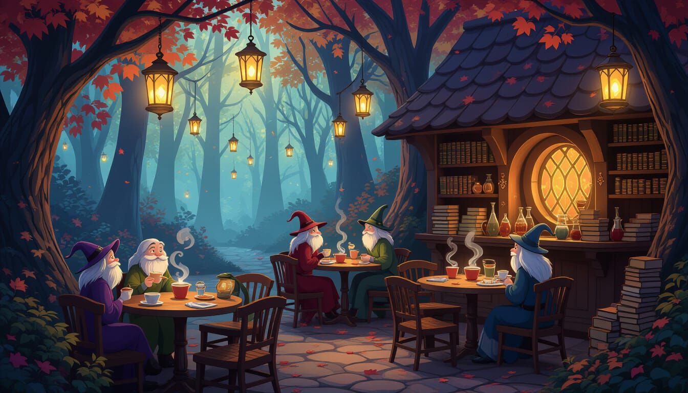 Enchanted Woodland Cafe with Mystical Creatures and Magic