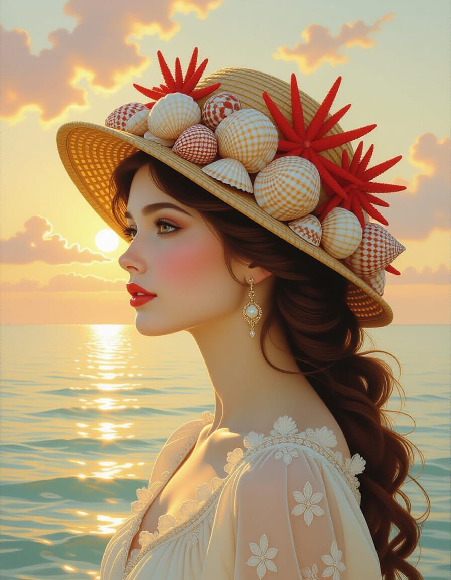 Woman in Coral Hat Gazing at Sunlit Ocean Vista