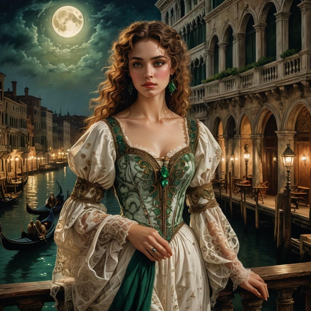 Venetian Woman Overlooking Moonlit Canals