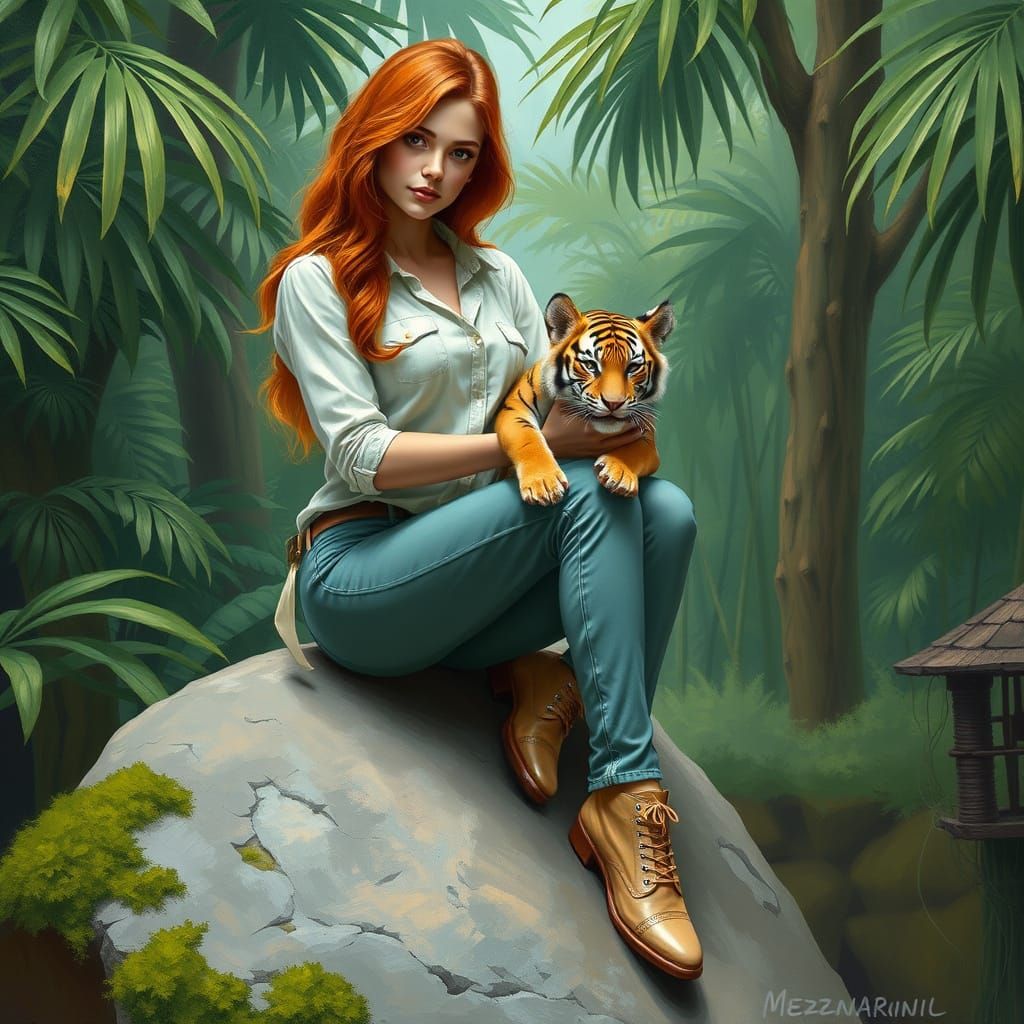 Woman with Tiger Cub in Lush Jungle