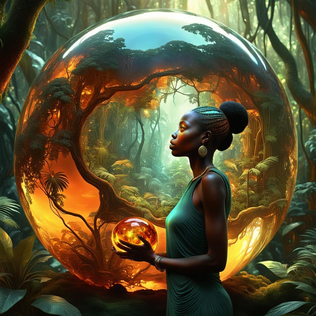 African Woman and Amber Sphere in Jungle