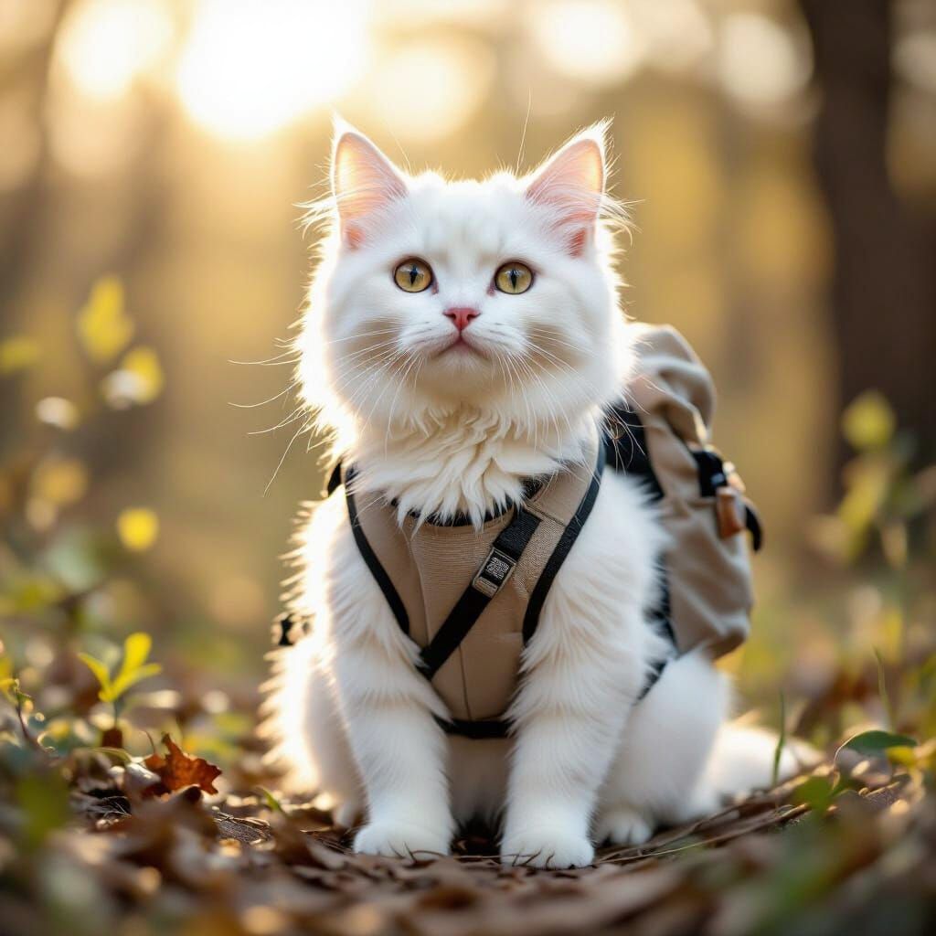 Fluffy White Cat in Hiking Gear Photorealistic Portrait