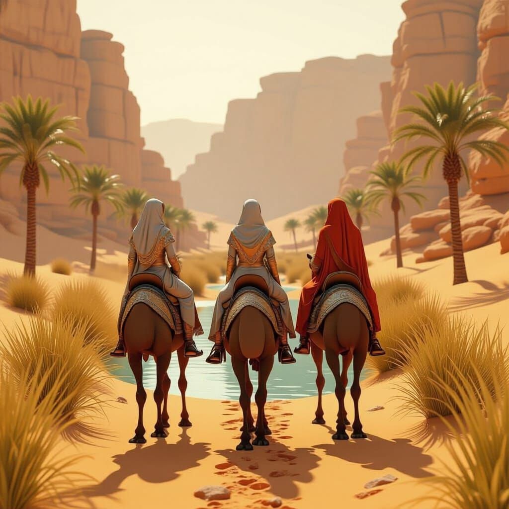 Queens on Camels in Desert Landscape