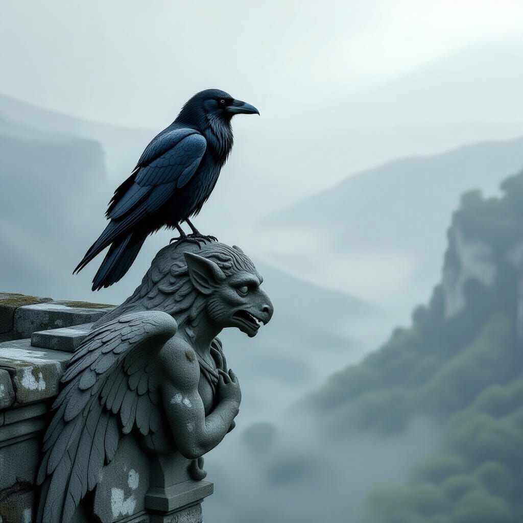 Ancient Raven on Gargoyle in Misty Valley - Concept Art