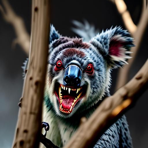 Feral Vampiric Koala Snarling in Tree: Photorealistic