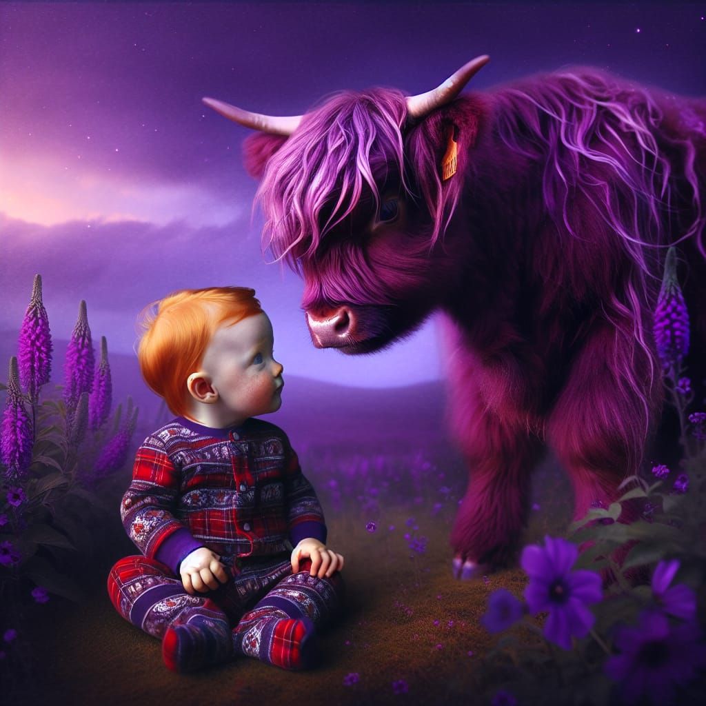 Infant Bonding with Calf in Purple Meadow