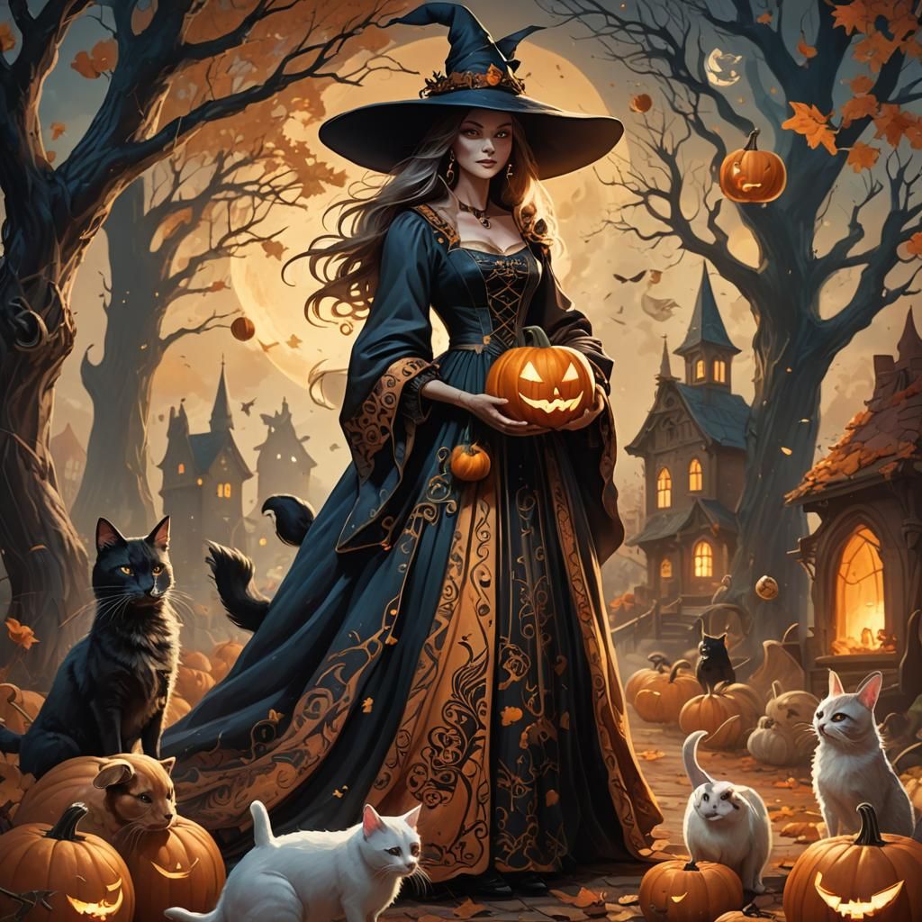 Whimsical Witch and Animals Around Pumpkin, Concept Art