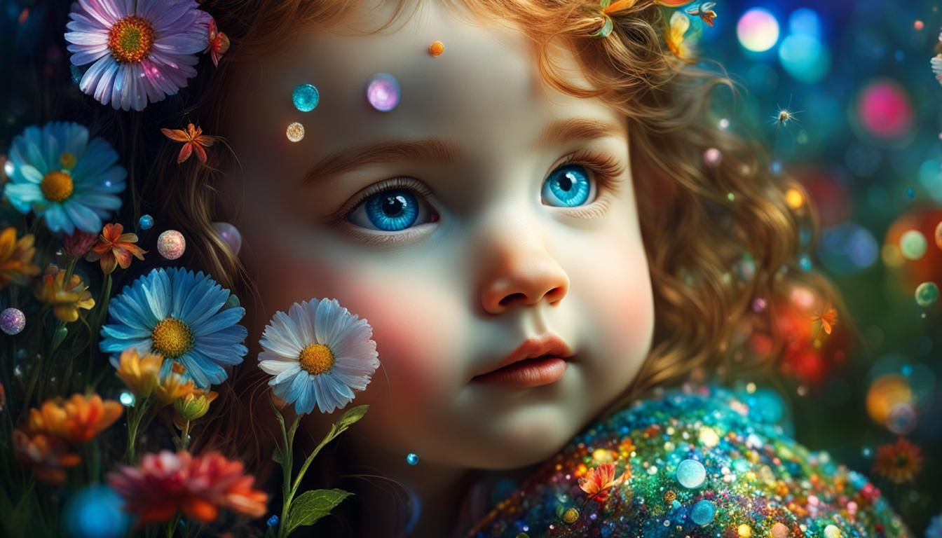 Adorable Chibi Baby Portrait with Vivid Glass Flowers