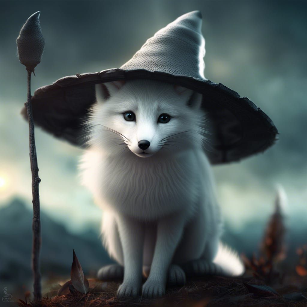 Arctic Fox Cub in Witch Hat: Digital Painting