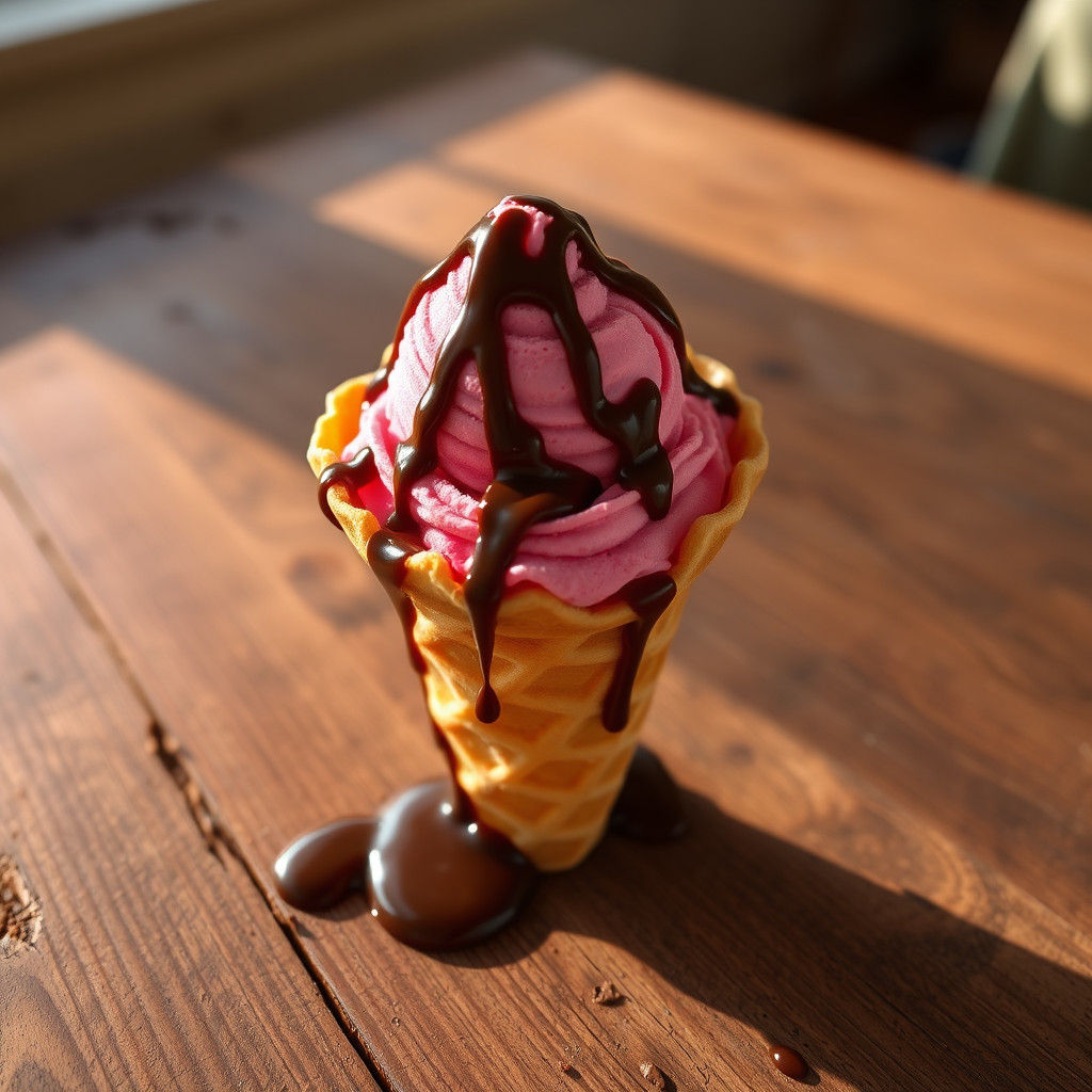 Strawberry Ice Cream Cone with Chocolate Syrup