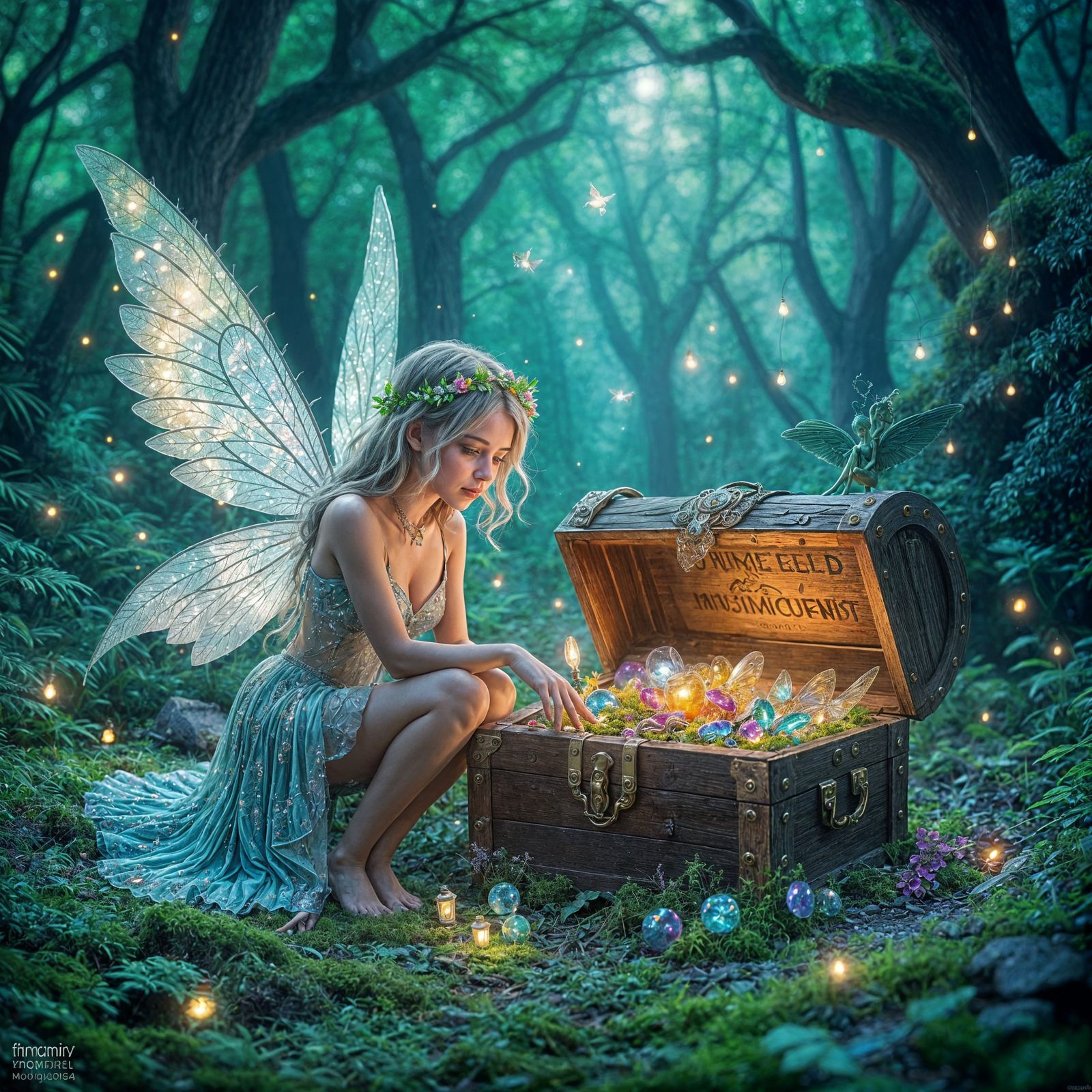 Whimsical Fairy and Treasure Chest in Bioluminescent Forest
