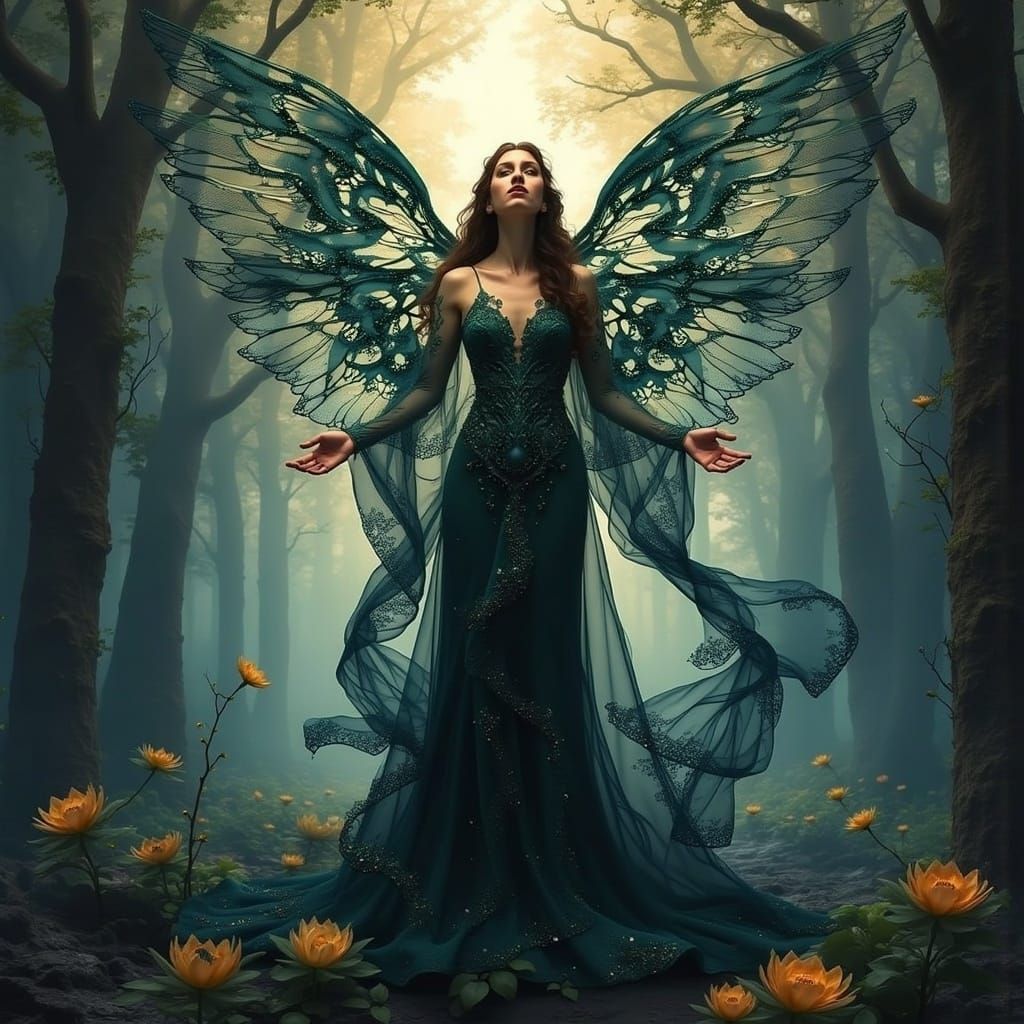 Ethereal Woodland Goddess in Midnight Gown