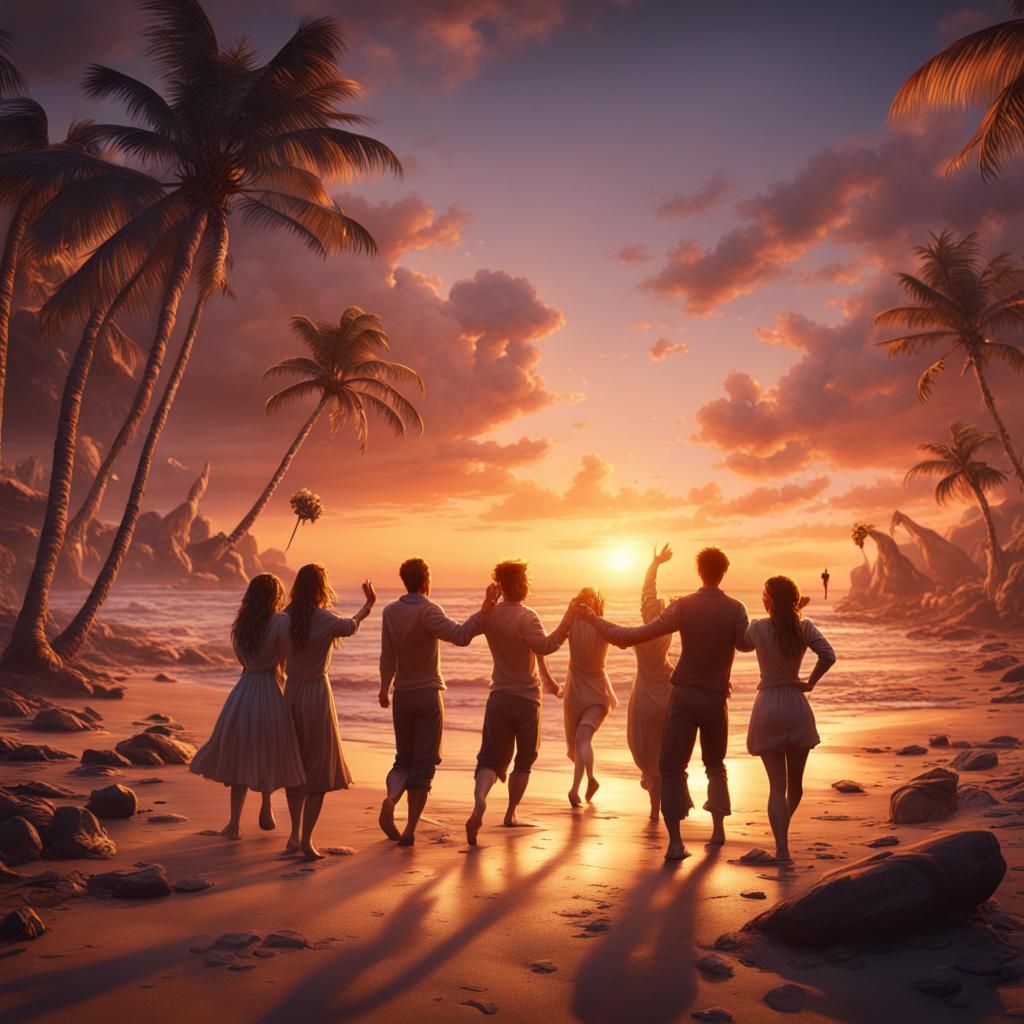 Sunset Beach Friendship Celebration: Fantasy Matte Painting
