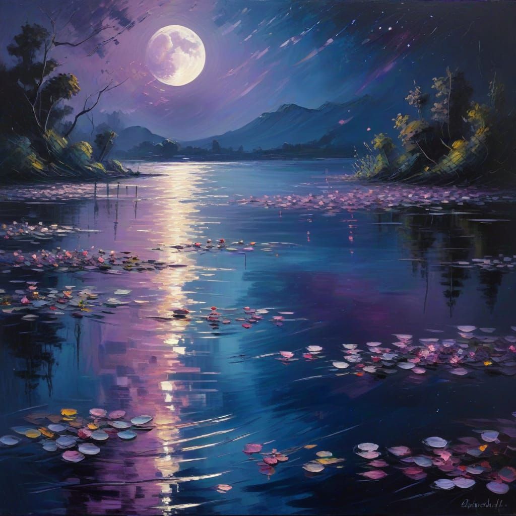 Waxing Moon Reflected in a Calm Lake in Impressionist Style