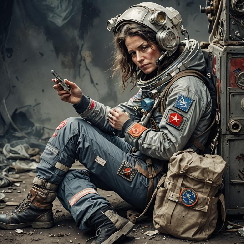 a woman Full-length homeless-styled Slavic Cosmonaut in a sh...