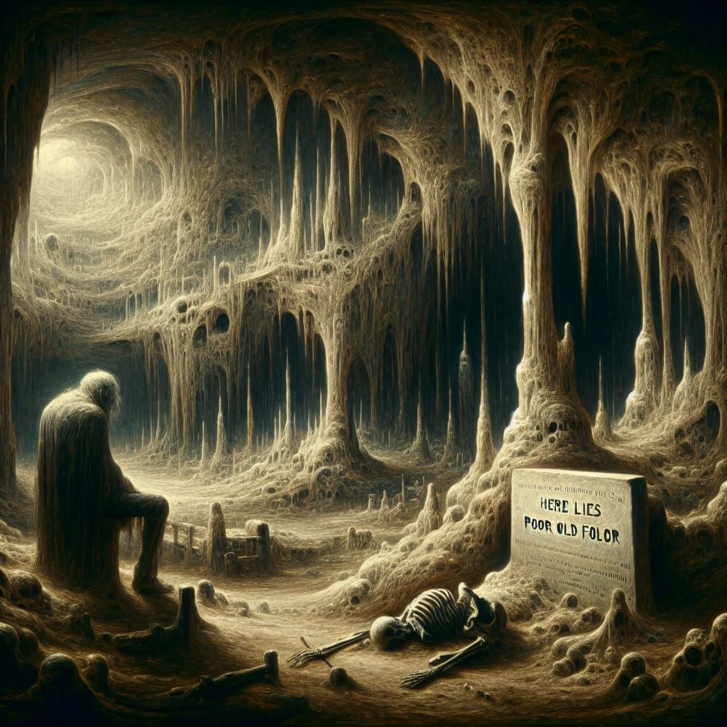 Gothic Figure Reminiscing in Cave as Surreal Art
