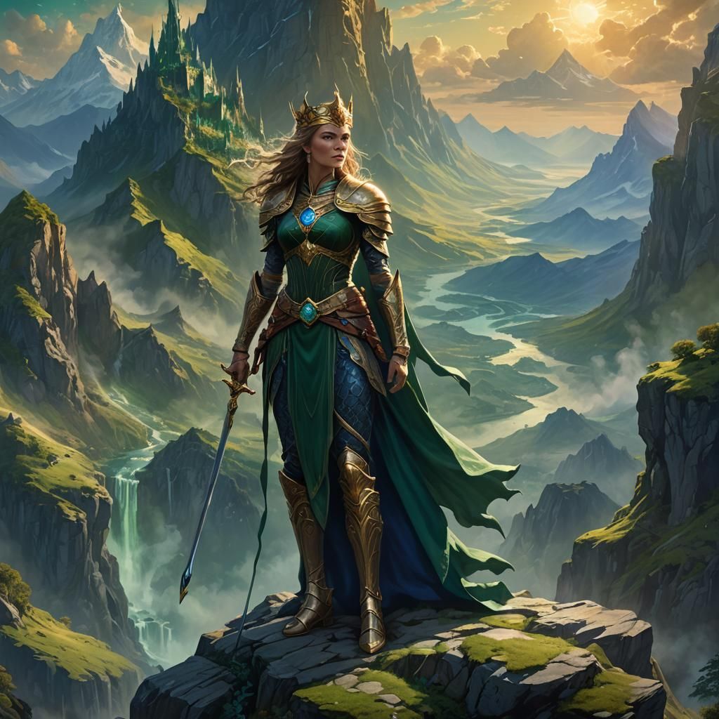 Fantasy Queen Overlooking Mystical Landscape