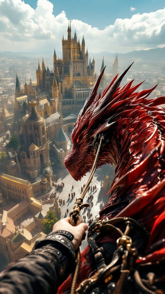 Dragon Rider Soars Above Medieval City in Cinematic Fantasy
