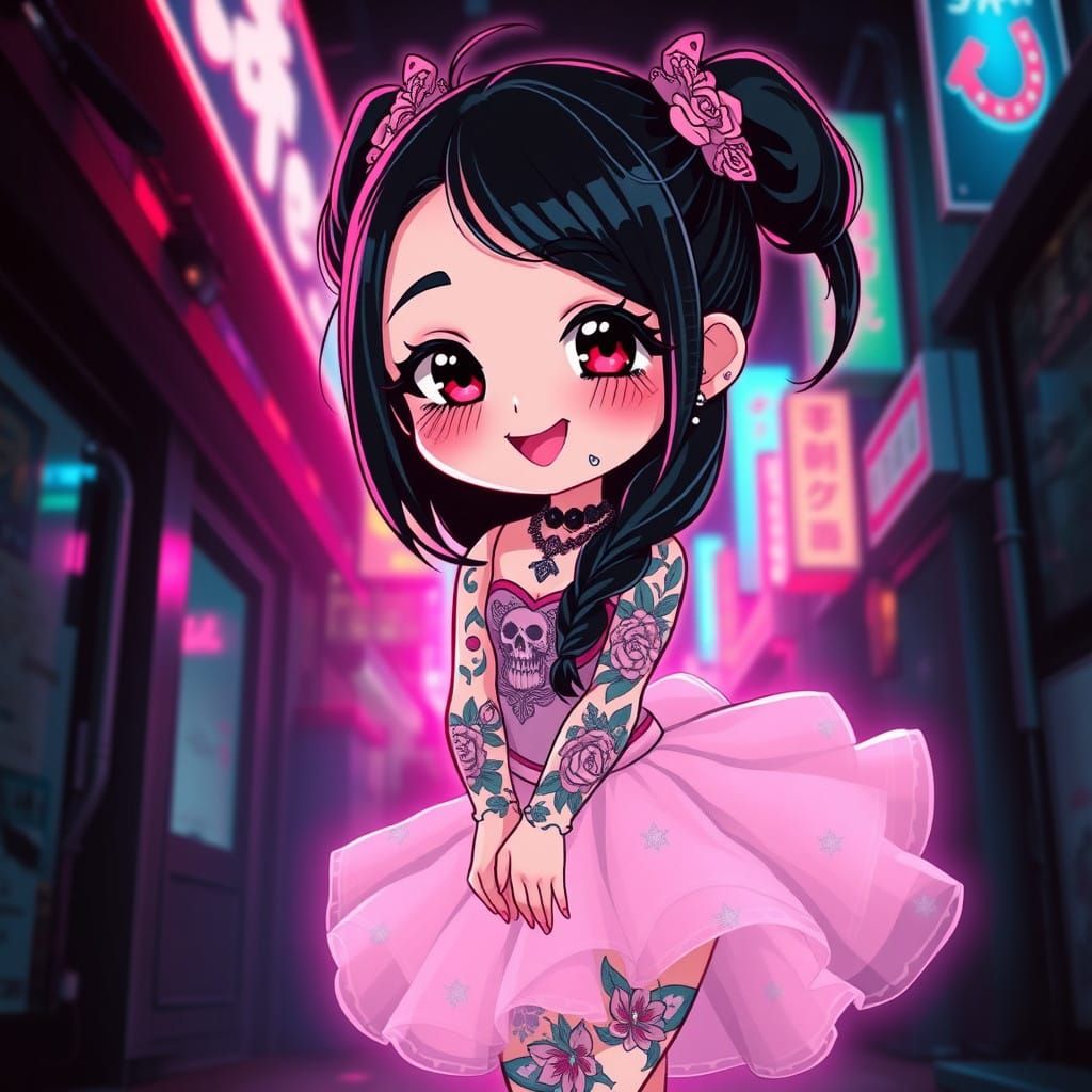 Hyper Kawaii Emo Chibi Ballerina in Neon Tokyo