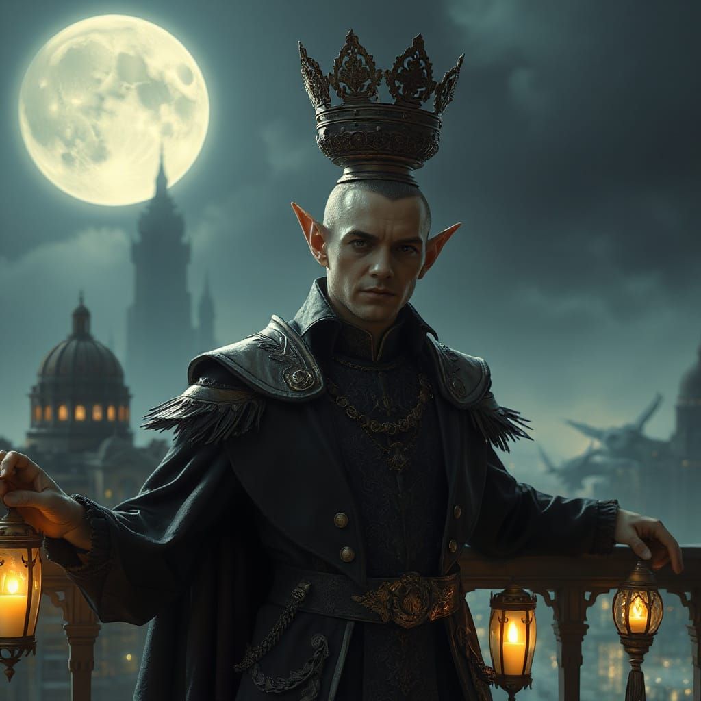 Elven Prince Overlooking Futuristic City at Night